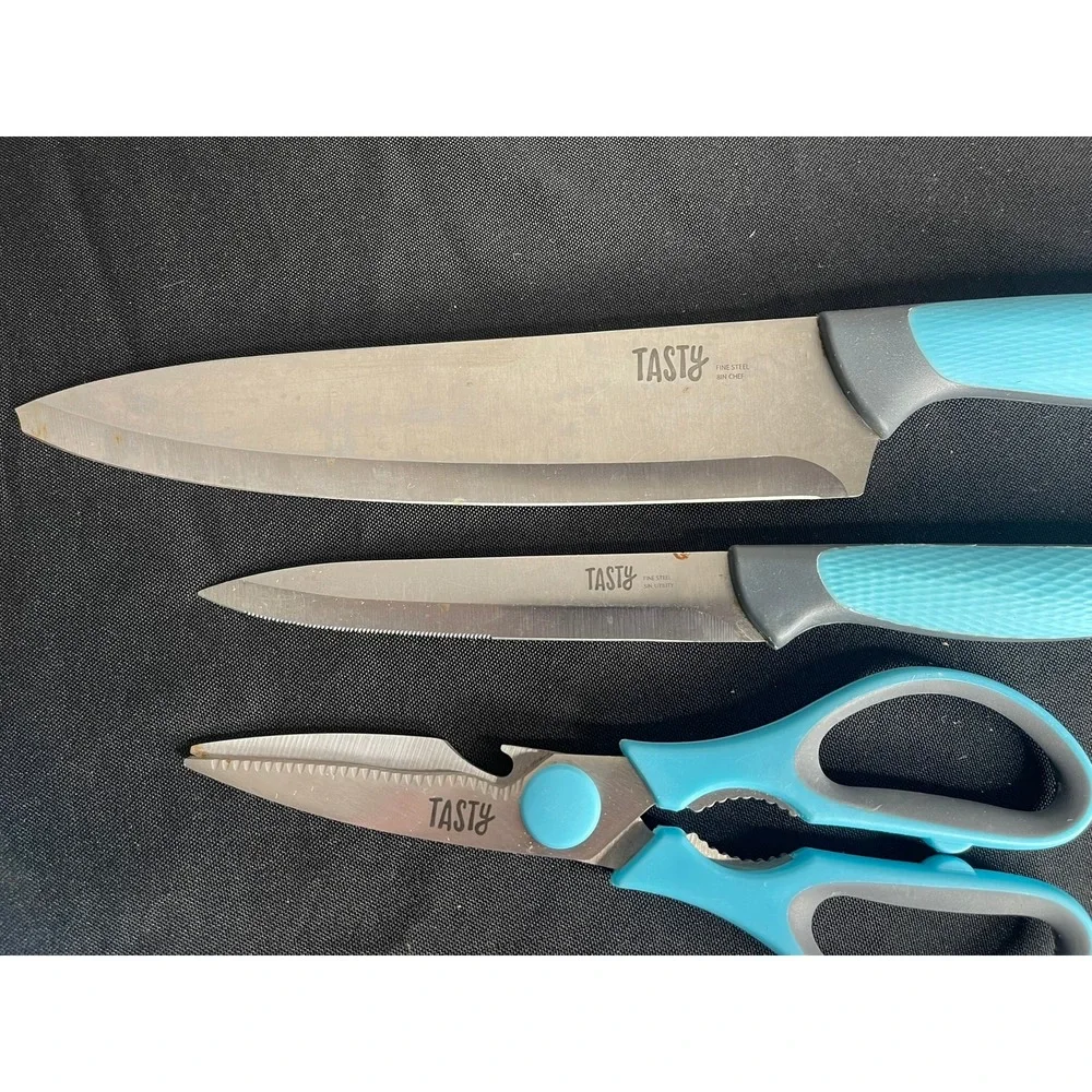 Tasty 3 Piece Kitchen Knife Set Teal Blue 8in Chef 5in Utility & Shears Scabbard